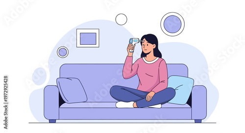 Woman measuring temperature with infrared thermometer while sitting on sofa, feeling unwell at home