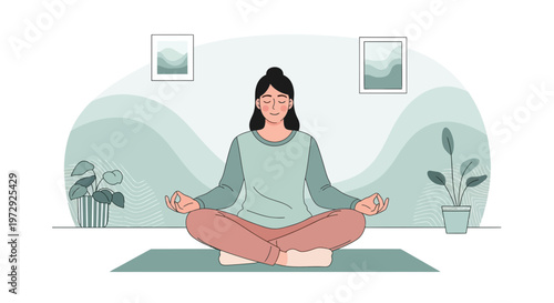 Woman Meditating Calmly in Lotus Pose at Home, Peaceful Mindful Relaxation