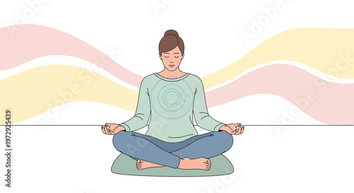 Woman Meditating in Lotus Pose on Cushion, Calm Mind, Yoga Practice, Serene Background