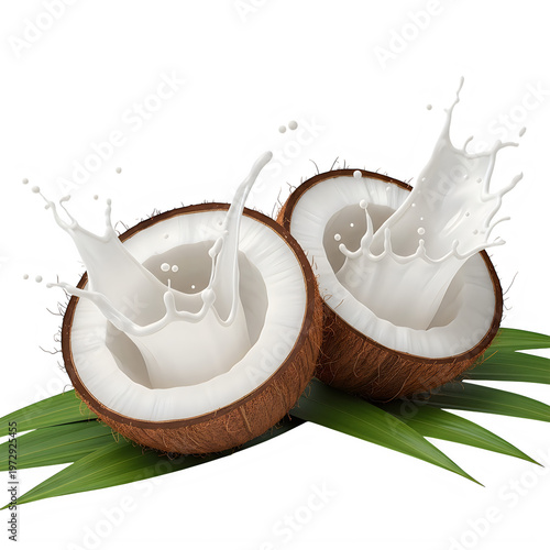 Two halves of a coconut with milk splashing out isolated on white background