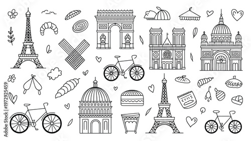 Collection of Parisian Landmarks and Symbols HandDrawn Style.