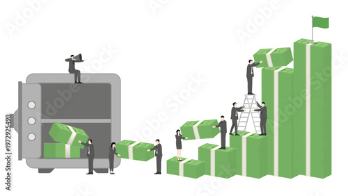 Business Leadership Pointing towards Investment Goal with Team Moving Cash Banknotes for All In Strategy to Maximize Returns During Economic Market Bottom