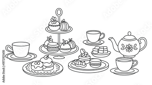 Elegant Afternoon Tea Set with Pastries and Teapot.