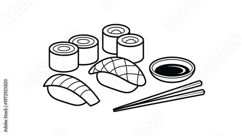 Simple Line Art Sushi and Maki Rolls Illustration.