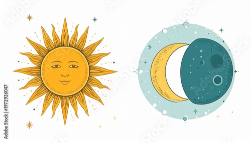 Minimalist sun and moon phases illustration with celestial elements