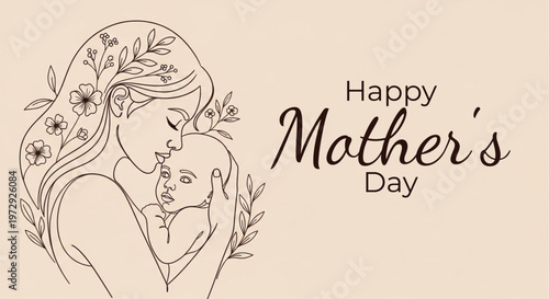 Romantic floral Mother's Day design with mom and daughter cuddle