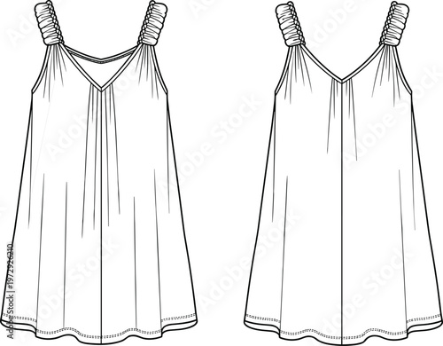 Women's sleeveless summer dress fashion technical sketch, casual flared V-neck camisole tunic with ruched elastic straps and pleated bodice detail for apparel design