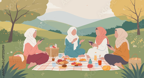 Muslim women enjoying outdoor picnic together.