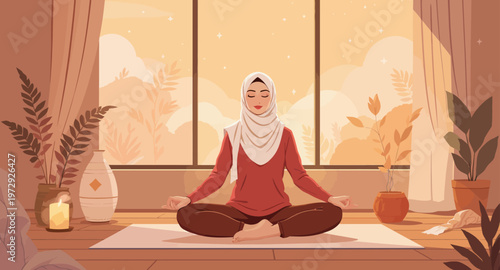 Woman in hijab meditating peacefully indoors.