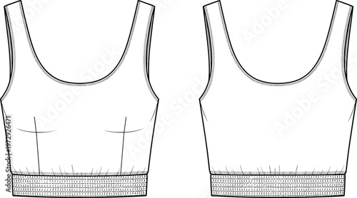 Scoop neck sleeveless crop top technical flat sketch vector illustration with elasticated hem front and back view for fashion design apparel mockup template