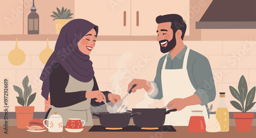 Couple cooking together in kitchen.