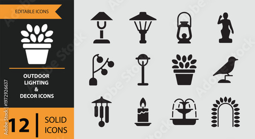 Outdoor lighting and decor icons in solid black on gray background