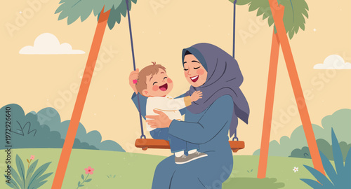 A woman in a hijab playing with her baby on a swing in a park.