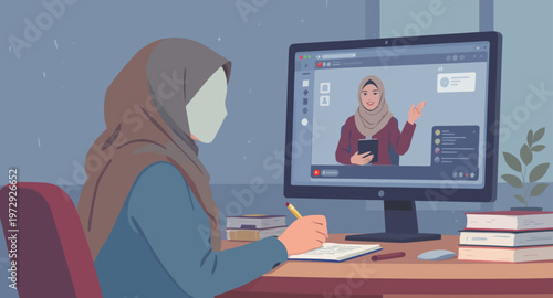 woman in hijab using computer for online education.