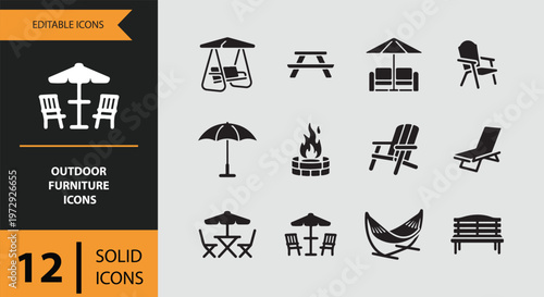 Outdoor furniture icons in solid black on gray background