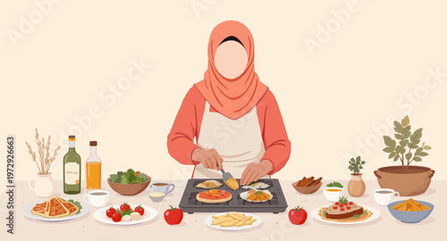 Woman in hijab cooking food on stove.