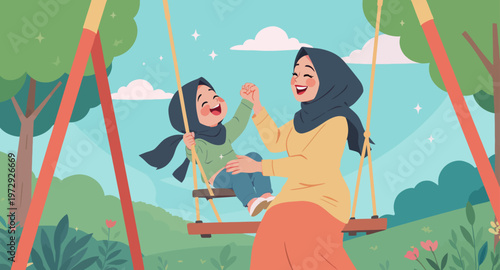 A Muslim mother and daughter on a swing.