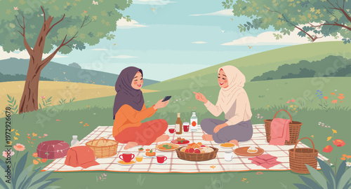 Two women enjoying a picnic outdoors.
