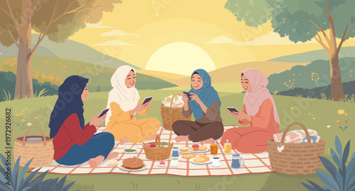 Muslim women having a picnic outdoors.