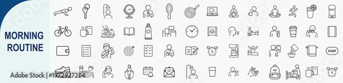 Morning routine and daily habits line icons set for wellness