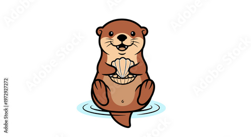 A cute otter sits in water eating food with a happy expression on its face.