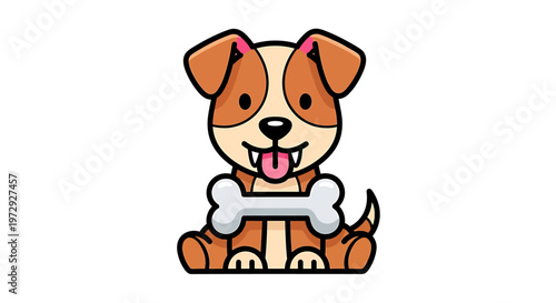 A cute dog is sitting with a bone happily outdoors