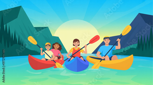 Colorful kayaking, family fun, outdoor adventure, water sports, illustration