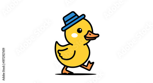 A cute yellow duckling wearing a blue hat walks quickly outdoors.