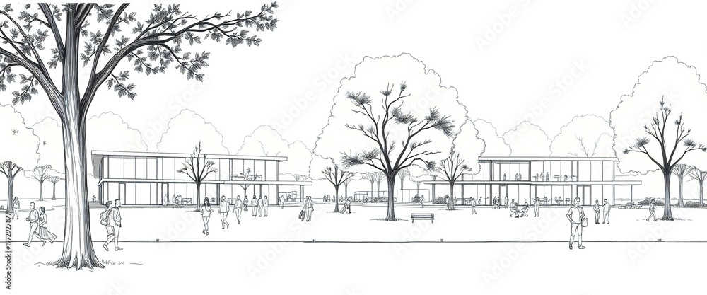 Fototapeta premium Architectural sketch of modern buildings nestled among trees in a park setting