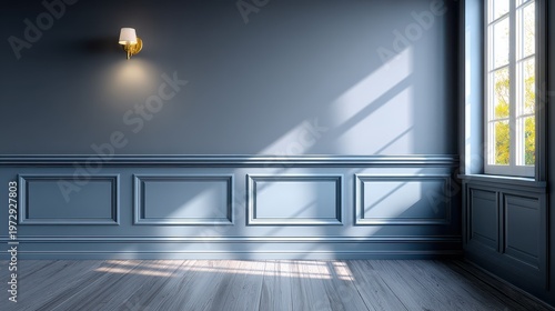 Elegant Blue Room Interior with Natural Light and Decorative Wall Sconce
