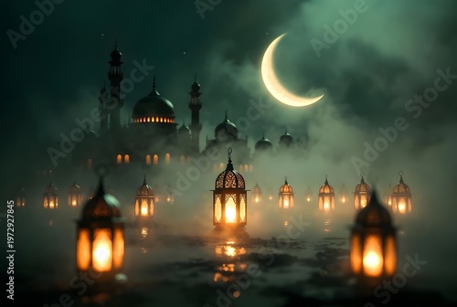 Islamic Mosque Lantern Night Scene