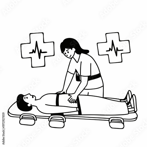 Paramedic administering first aid to an unconscious patient with medical symbols in the background