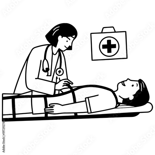 Paramedic administering first aid to an unconscious patient with medical symbols in the background