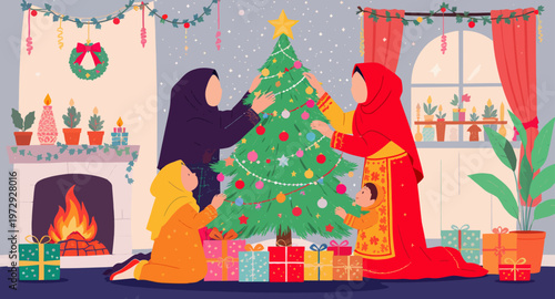 Two women decorating a Christmas tree.