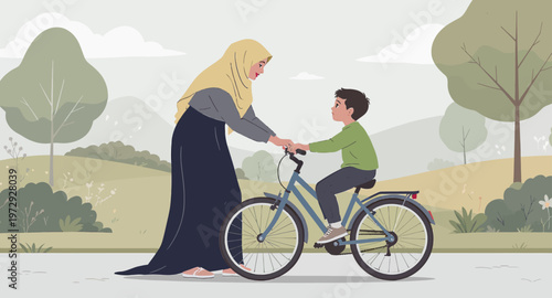 Woman helping a young boy ride a bicycle.
