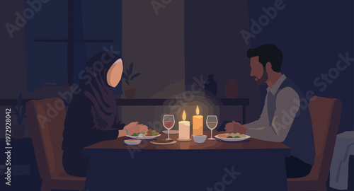Couple enjoying a romantic candlelit dinner.