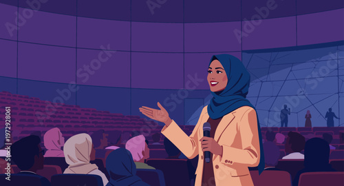 Woman wearing hijab presenting to audience.