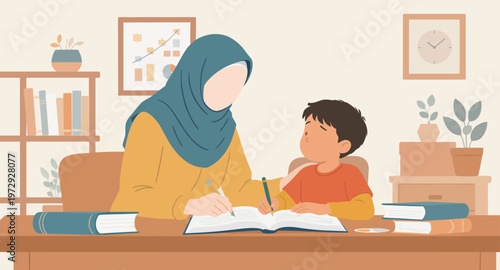 Woman and child studying together indoors.