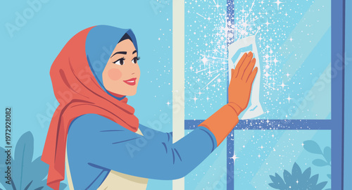 Woman cleaning window with cloth indoors.