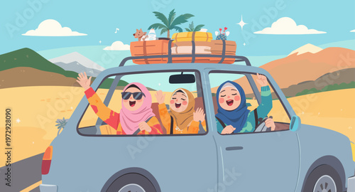 happy women on road trip adventure.