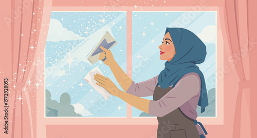 Woman cleaning a window with a cloth.