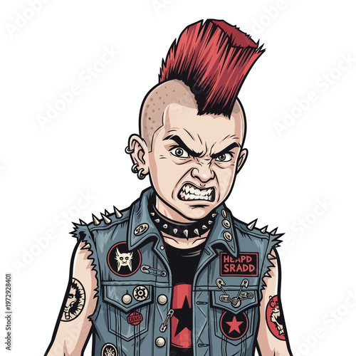 Angry punk kid with mohawk and denim vest