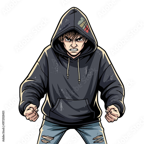 Angry young man in hoodie, fists clenched, aggressive stance, comic style