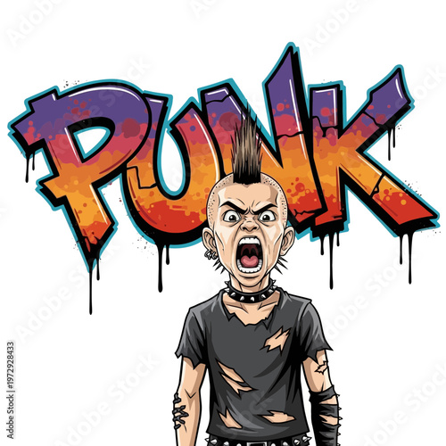 Angry punk kid with mohawk and ripped clothes screaming in front of graffiti word
