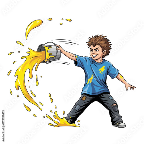 Boy spilling yellow paint from bucket, creating a mess