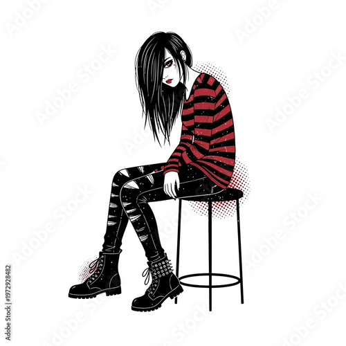 Goth girl sitting on stool, ripped jeans, striped shirt, combat boots