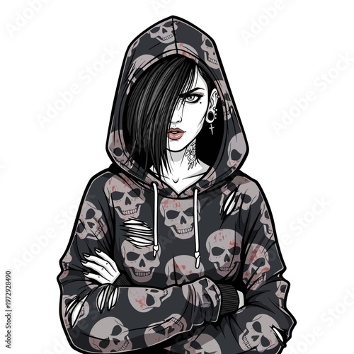 Goth Girl with Skull Hoodie