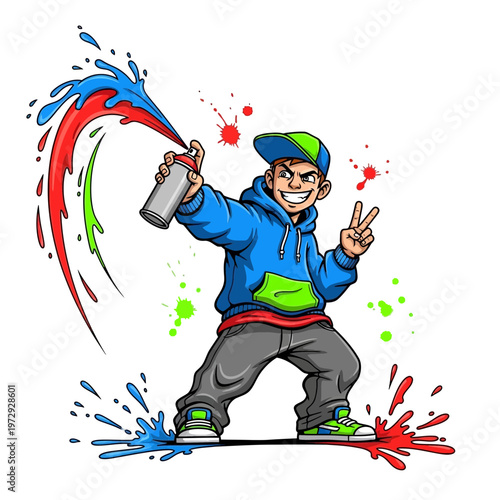 Graffiti artist spraying paint, vibrant colors, urban art, street style, creative expression