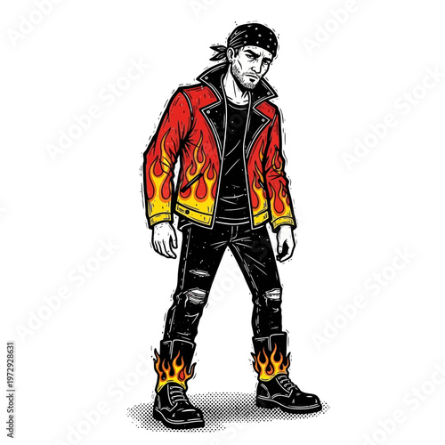 Man with flame jacket and boots, bandana, ripped jeans, rockstar style