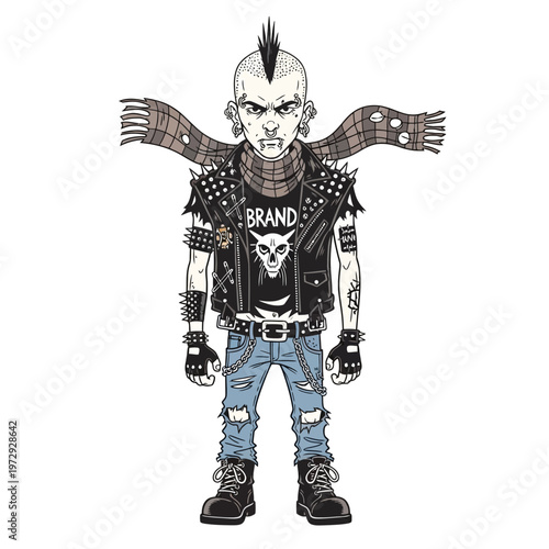 Punk character with mohawk and leather jacket, distressed jeans, and scarf